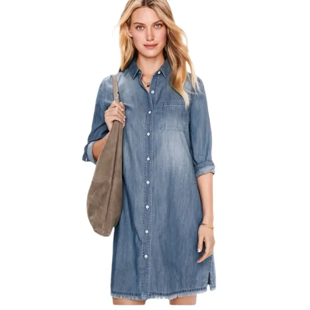 Garnet Hill NWOT Chambray Collared Shirt Dress Long Sleeve Button Down Size 2 - Picture 2 of 12